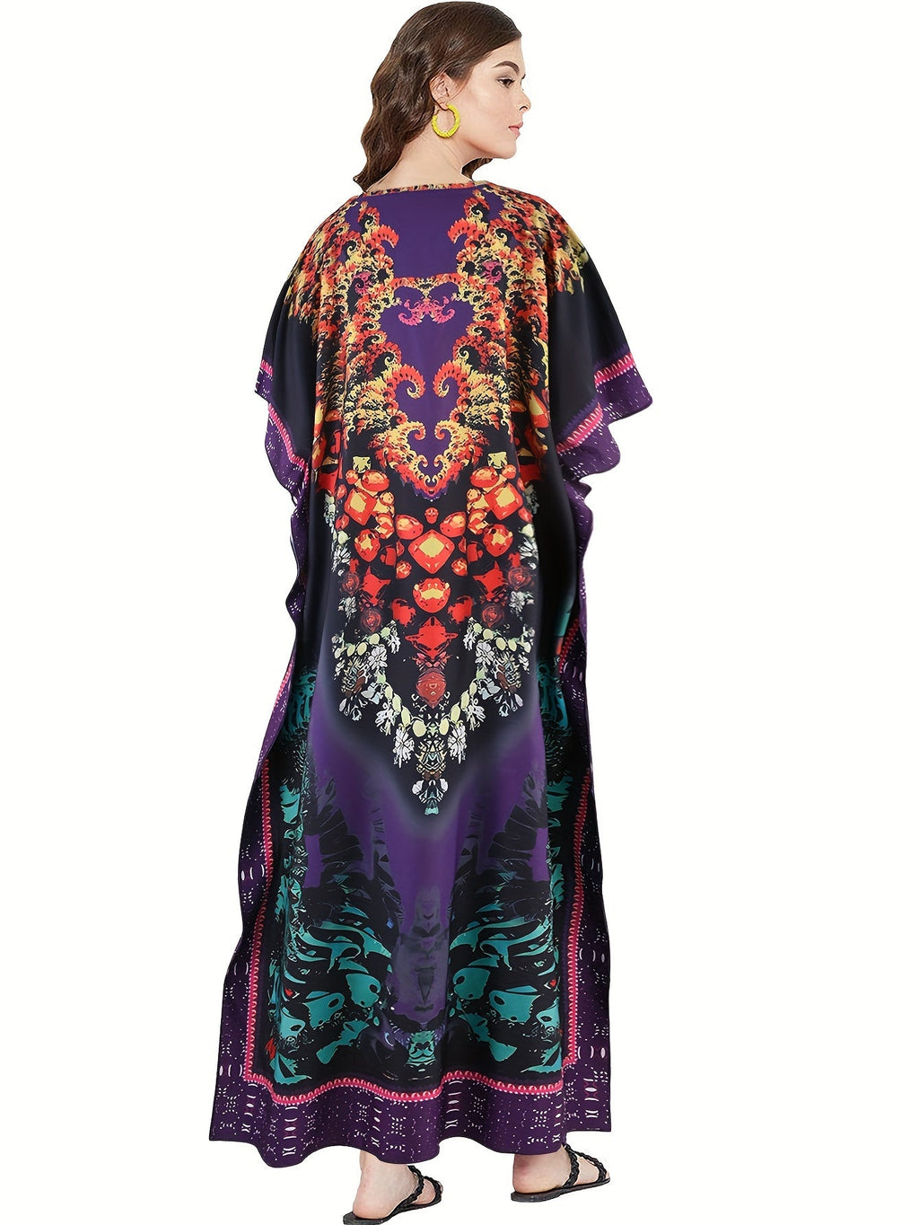 Abito lungo valstrend con stampa allover, scollo a V e maniche a pipistrello, abbigliamento da donna elegante e comodo.