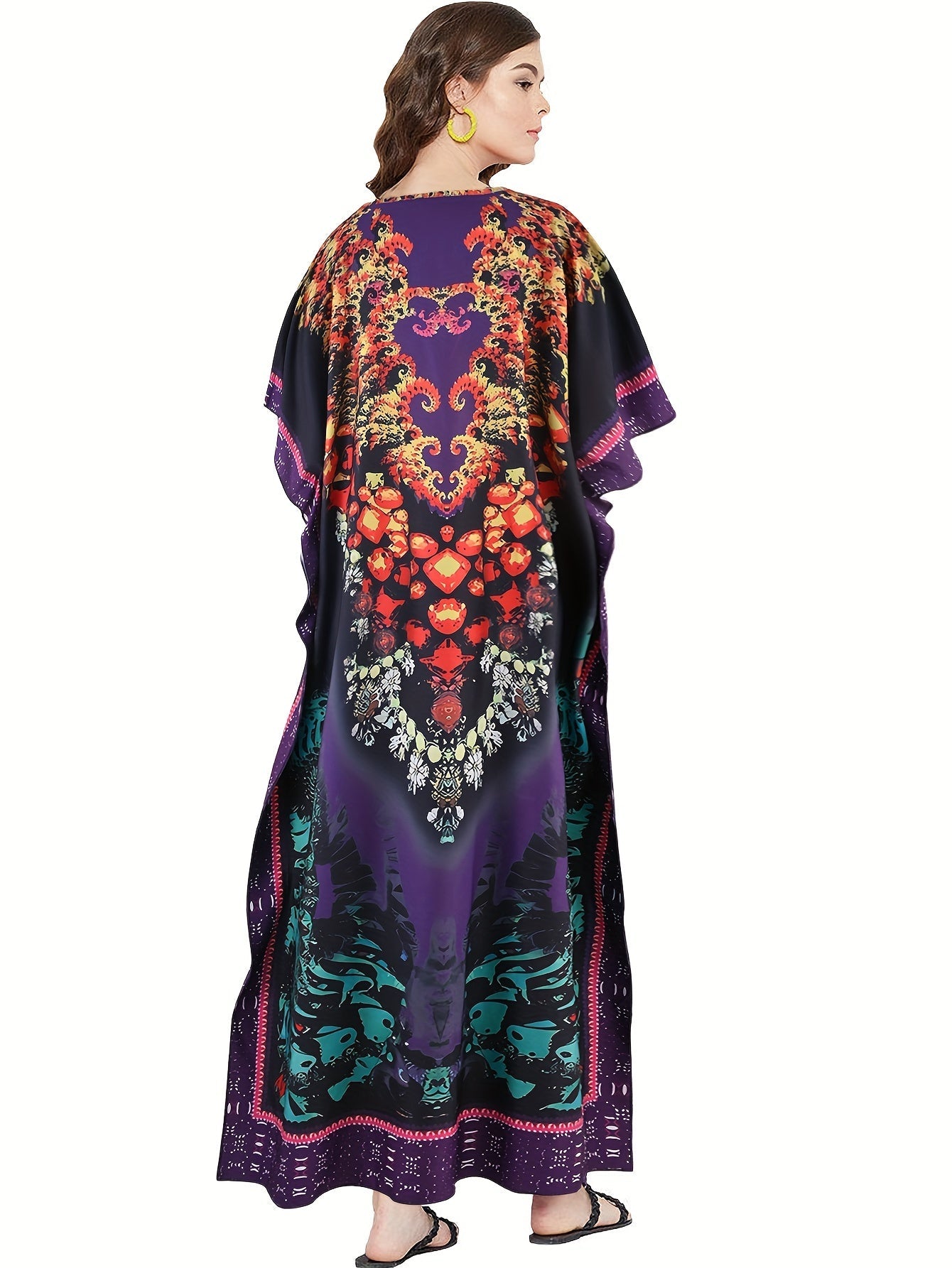 Abito lungo valstrend con stampa allover, scollo a V e maniche a pipistrello, abbigliamento da donna elegante e comodo.