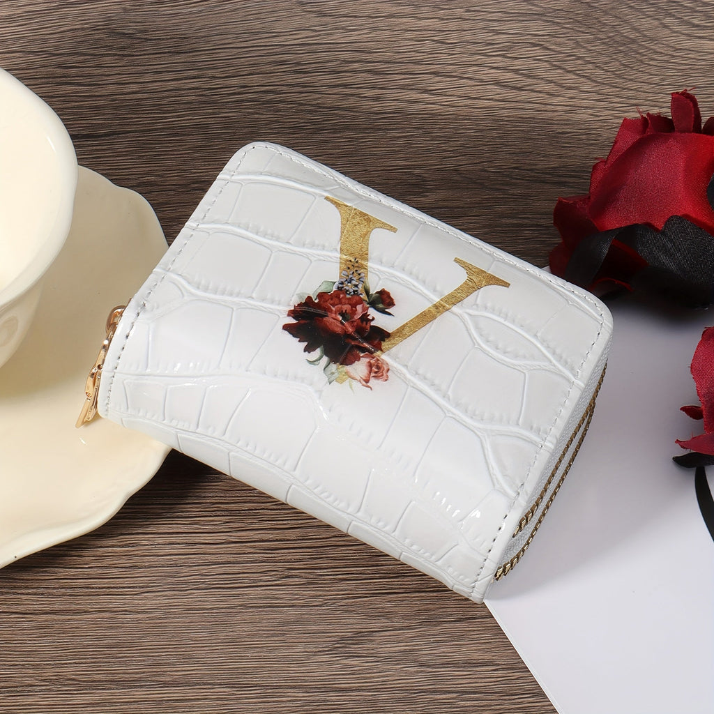 Portafoglio portacarte Valstrend con motivo floreale e lettere, compatto con zip, ideale per uomini e donne.