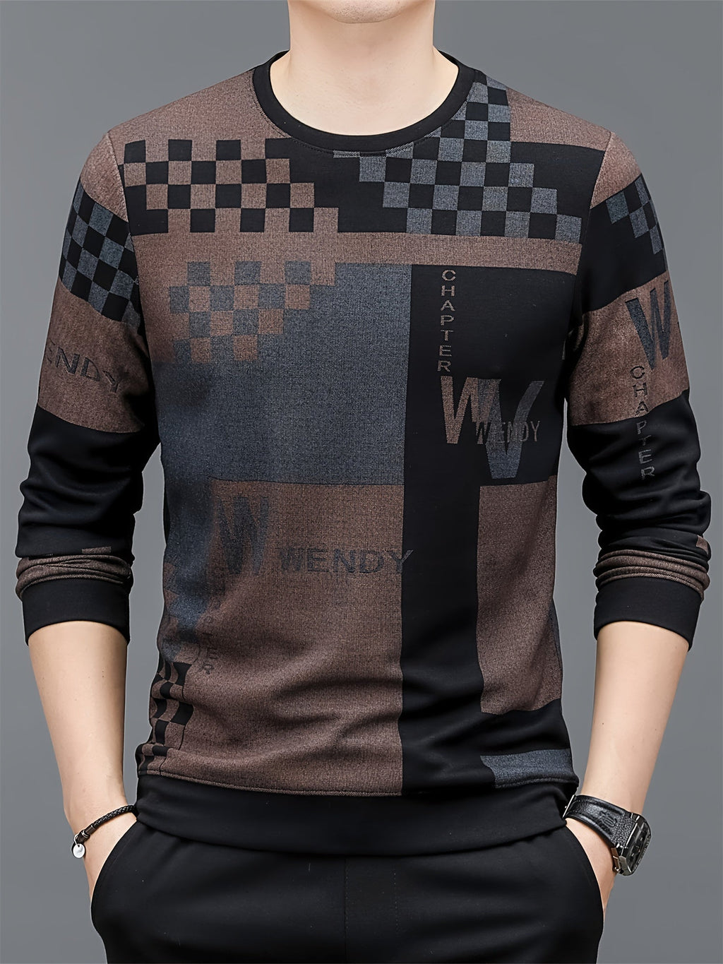 Maglione casual da uomo Valstrend con maniche lunghe, motivo a quadri e lettere, in misto rayon, lavabile in lavatrice.
