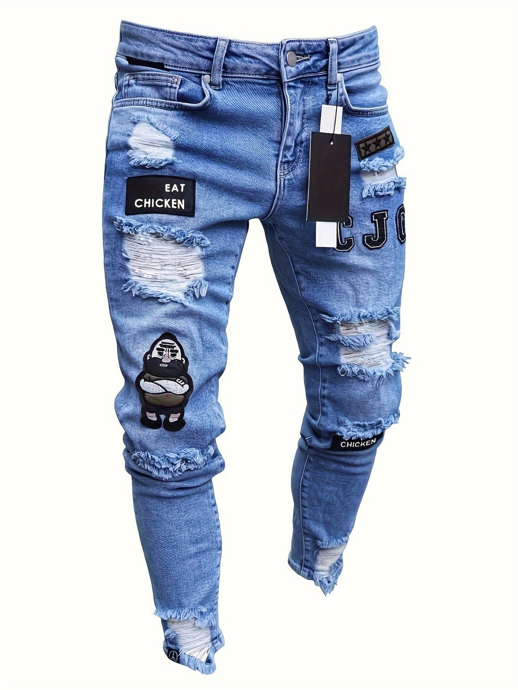 Jeans slim casual da uomo Valstrend con strappi, patchwork ricamato, stile streetwear versatile per ogni stagione.