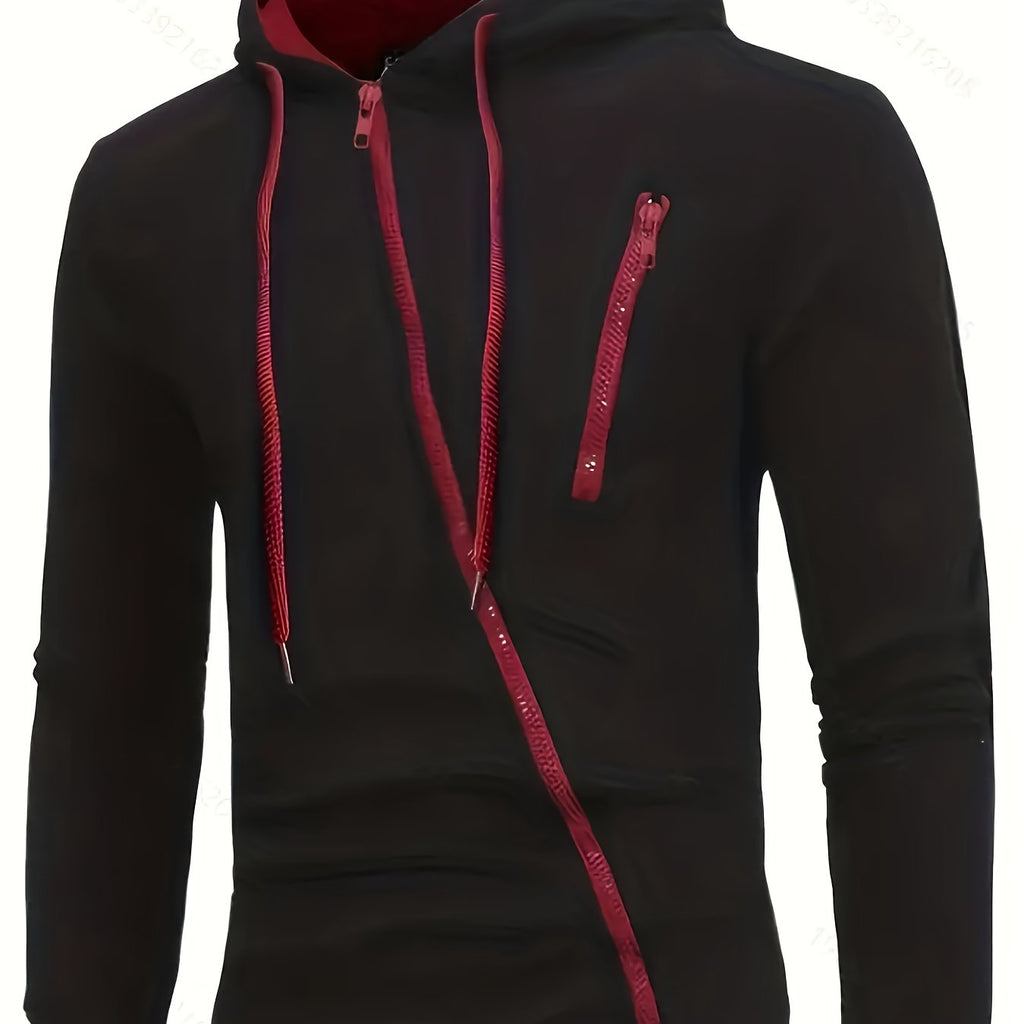 Men's Stylish Zip-up Hoodie With Pockets, Trendy Comfy Sweatshirt With Slant Zipper For Spring And Autumn