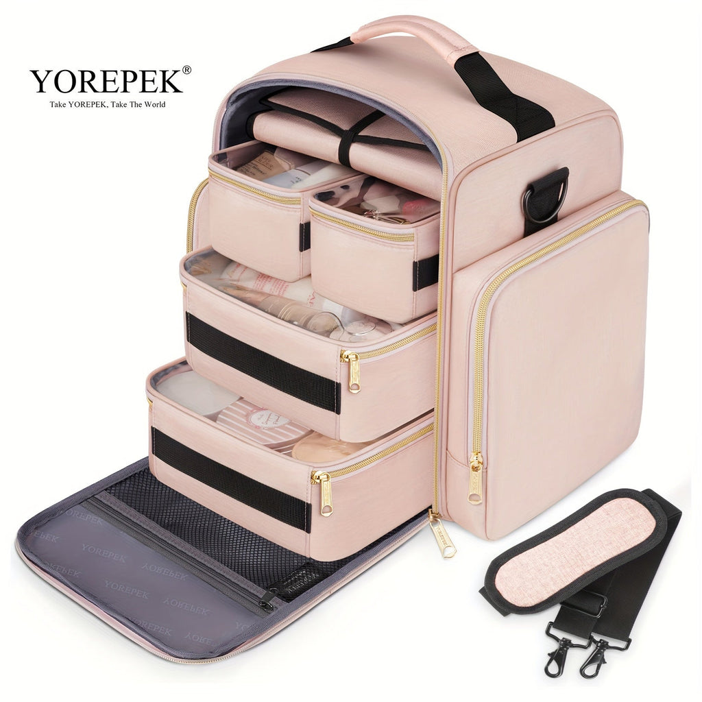 Beauty case grande Valstrend shop, organizer da viaggio rosa con scomparti rimovibili e tasca porta gioielli, per cosmetici e accessori.