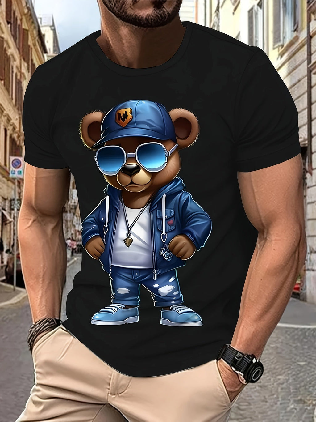 Felpa casual da uomo Valstrend con design di orso cartone, tasca a marsupio, in poliestere, lavabile in lavatrice, ideale per autunno e inverno