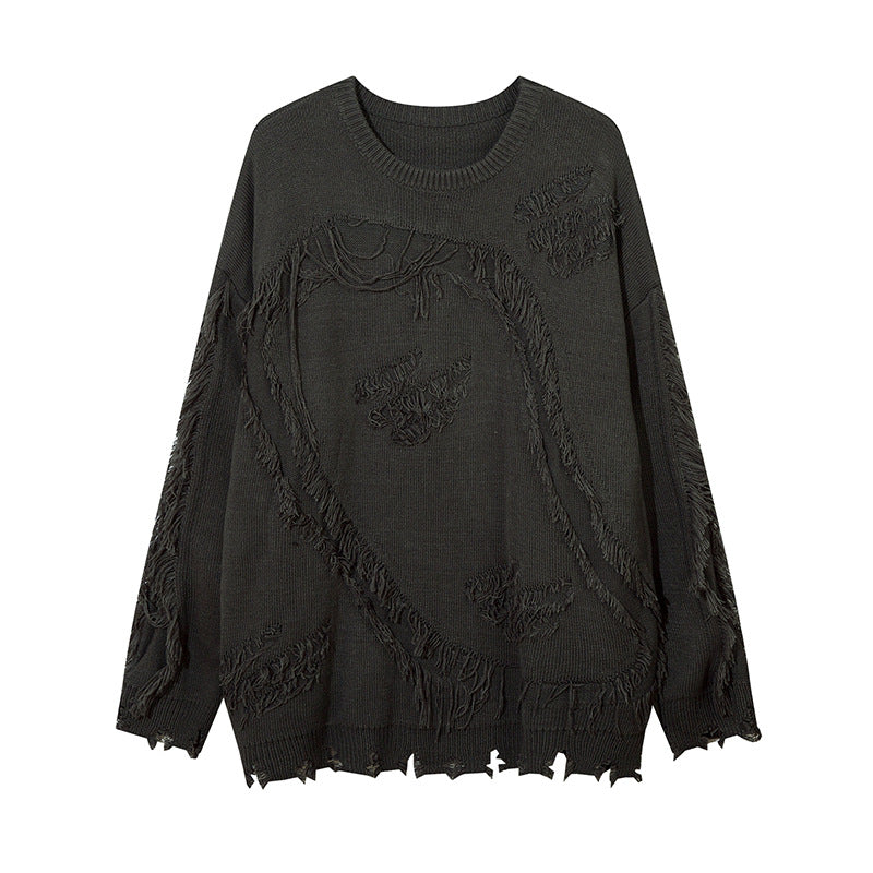Maglione Valstrend Heavy Industry Ripped Cat Beard con collo rotondo, stile grunge, in tessuto pesante e decorazioni strappate