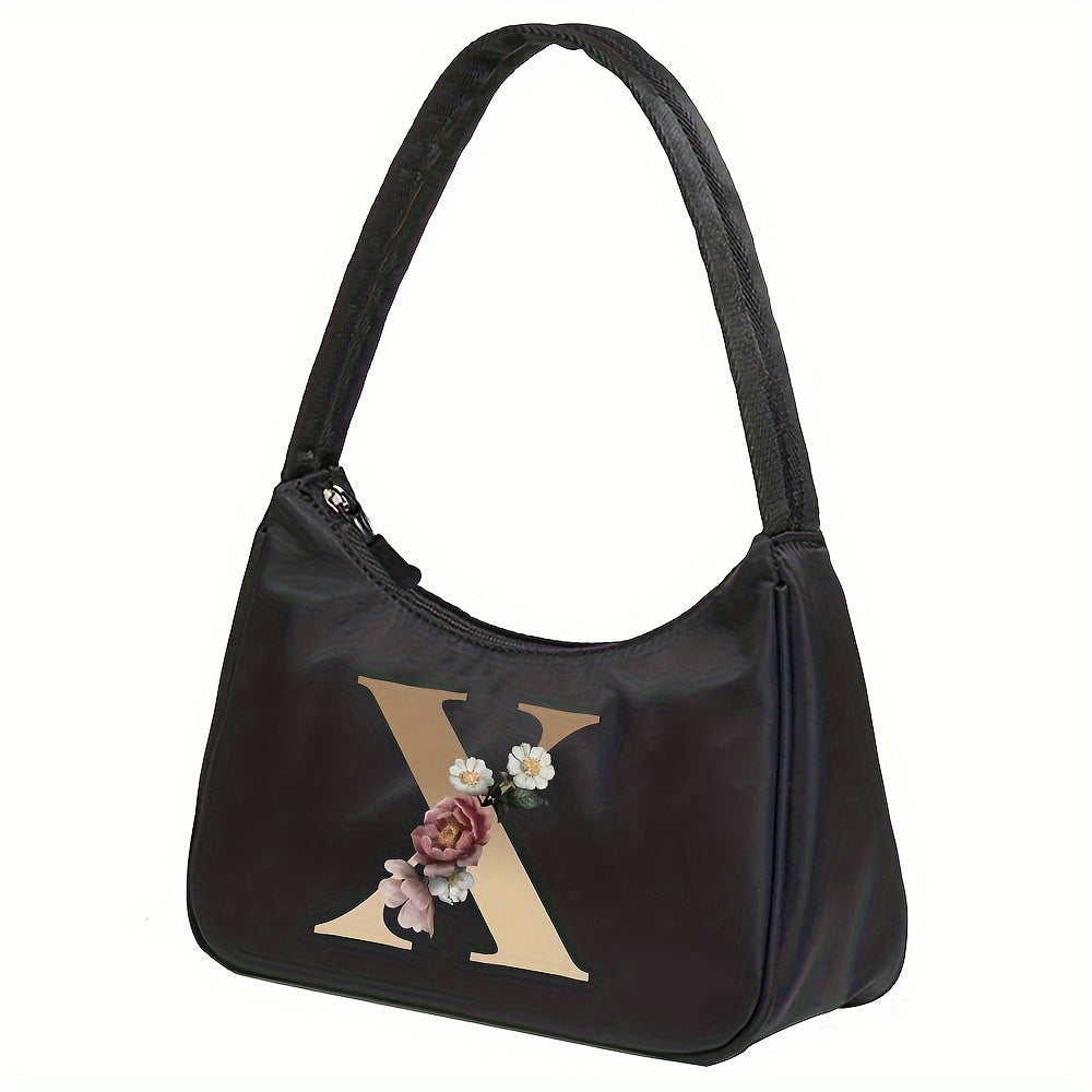 Floral Letter Print Shoulder Bag, Fashion Nylon Underarm Bag, Women's Zipper Handbag & Purse