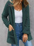 Cardigan donna Valstrend con cappuccio, doppia tasca, in pile di colore solido, stile casual e caldo.