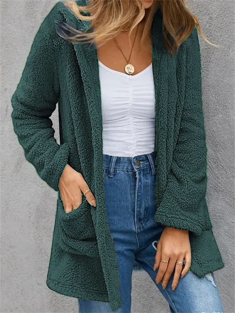 Cardigan donna Valstrend con cappuccio, doppia tasca, in pile di colore solido, stile casual e caldo.
