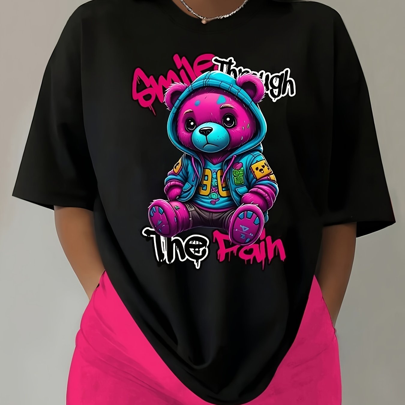 T-shirt donna Valstrend con stampa orso, manica corta, casual, ideale per primavera ed estate, abbigliamento femminile.