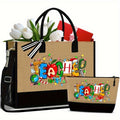 Teacher Print Tote Bag Set, 2Pcs Canvas Shopper Bag and Pouch Combo, Khaki Fabric Handbag with Adjustable Strap, Hand Washable, Positioning Printing for College and Casual Use