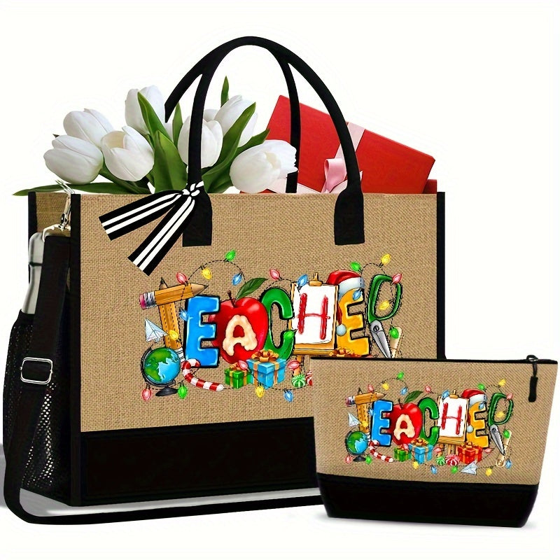 Teacher Print Tote Bag Set, 2Pcs Canvas Shopper Bag and Pouch Combo, Khaki Fabric Handbag with Adjustable Strap, Hand Washable, Positioning Printing for College and Casual Use