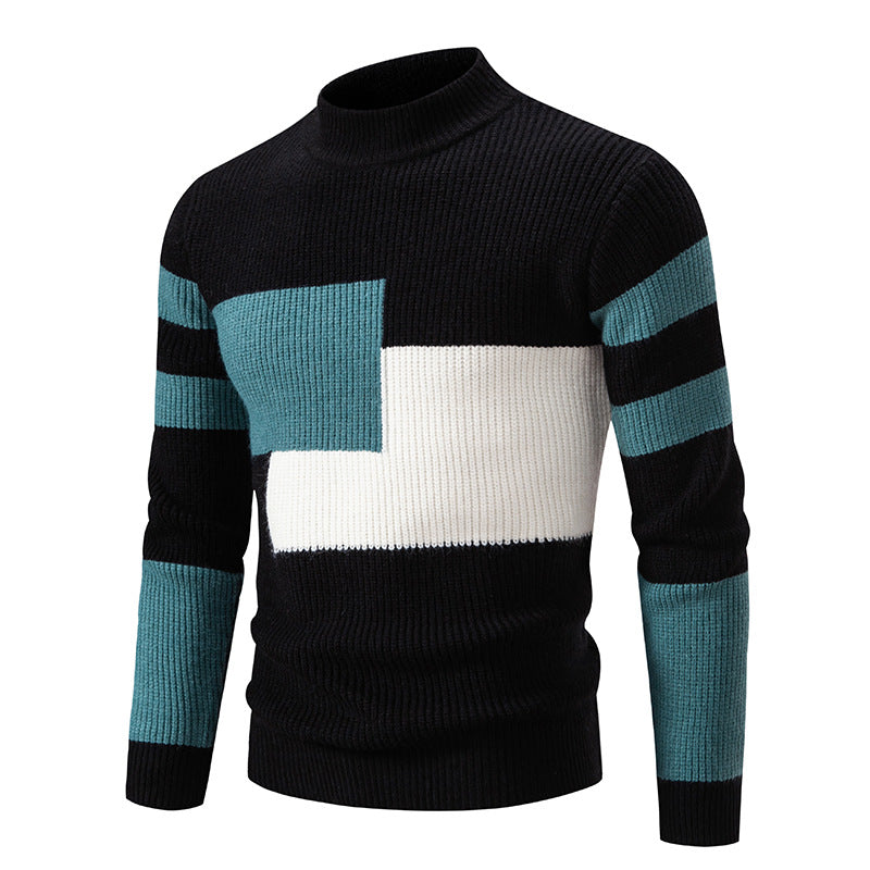 Maglione casual da uomo Valstrend con collo alto a mezza altezza, contrasto di colori e stile giovanile coreano.