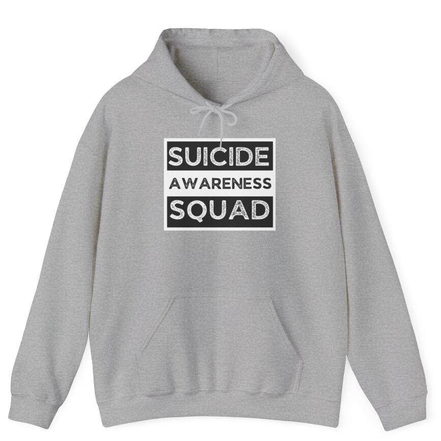 Felpa con cappuccio Valstrend Squad consapevolezza suicidio, design con scritte e logo in cotone nero.