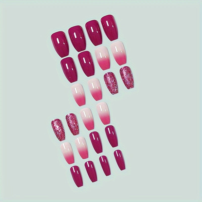 Set di 24 unghie finte ballerina Valstrend, stile francese, con glitter e gradiente viola, con lima e adesivi inclusi.