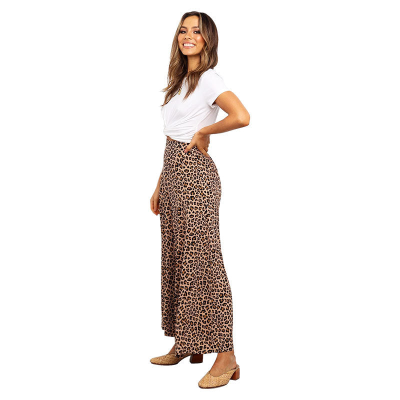 Pantaloni a vita alta con stampa leopardata a pois, larghi e casual, marca Valstrend, tessuto leggero e comodo.