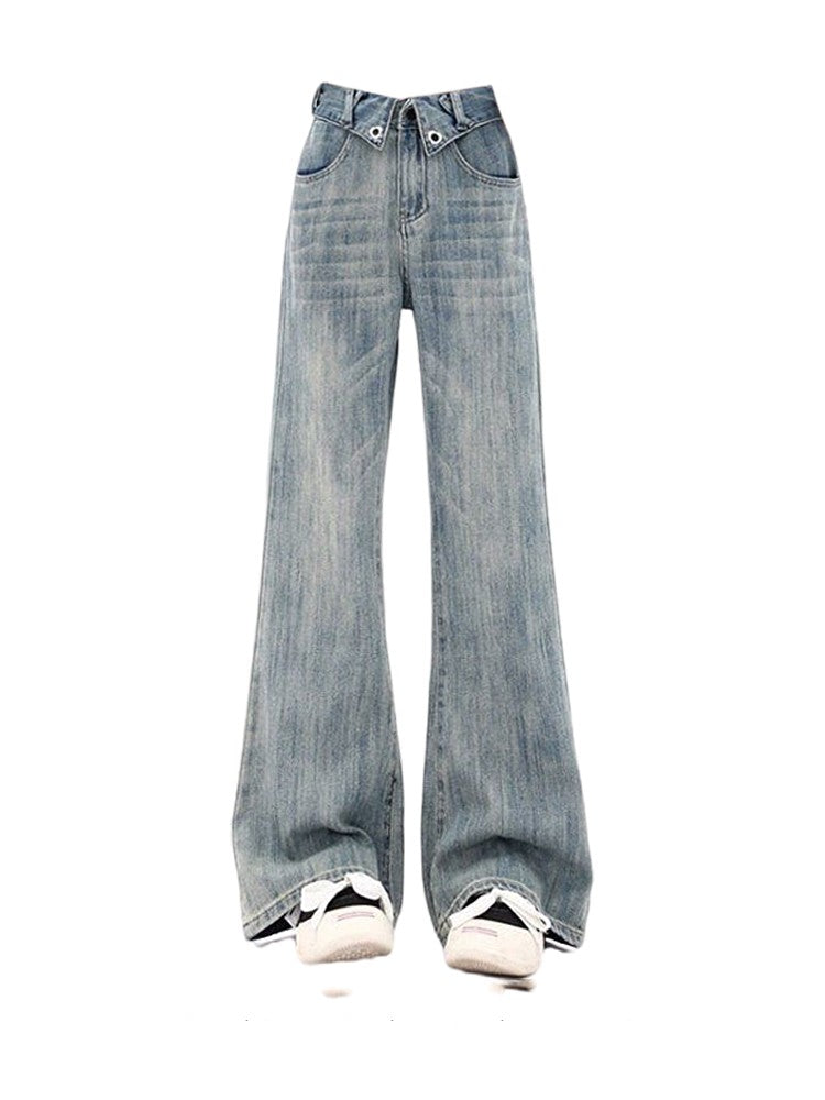 Jeans donna Valstrend shop a vita bassa, larghi e dritti, skinny fit, in denim blu, visibili con dettagli e tasche.