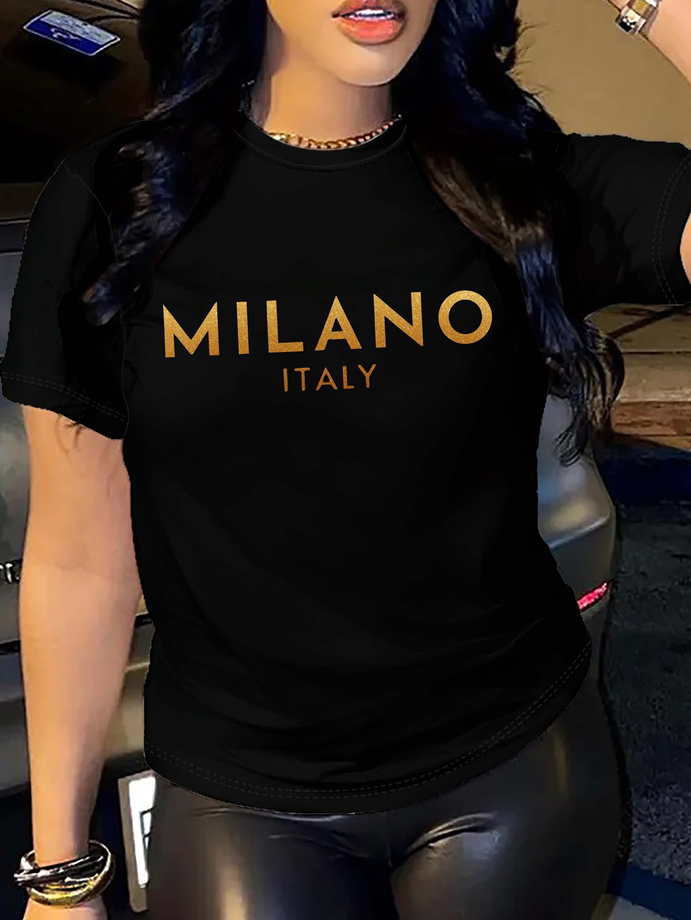 T-shirt donna Valstrend Milano letter print, manica corta, stile casual per primavera ed estate, maglietta donna.