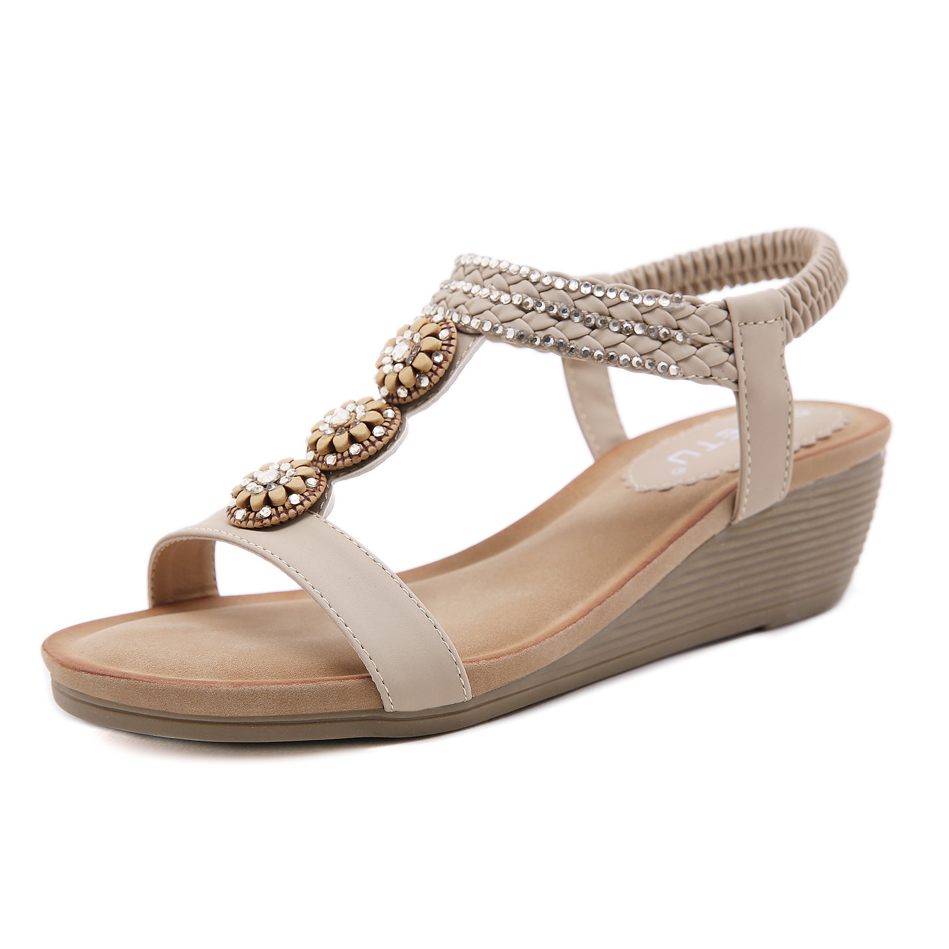 Sandali Valstrend in legno con perline e strass, zeppa bohemien comoda, taglia grande, vista dall'alto con dettagli decorativi