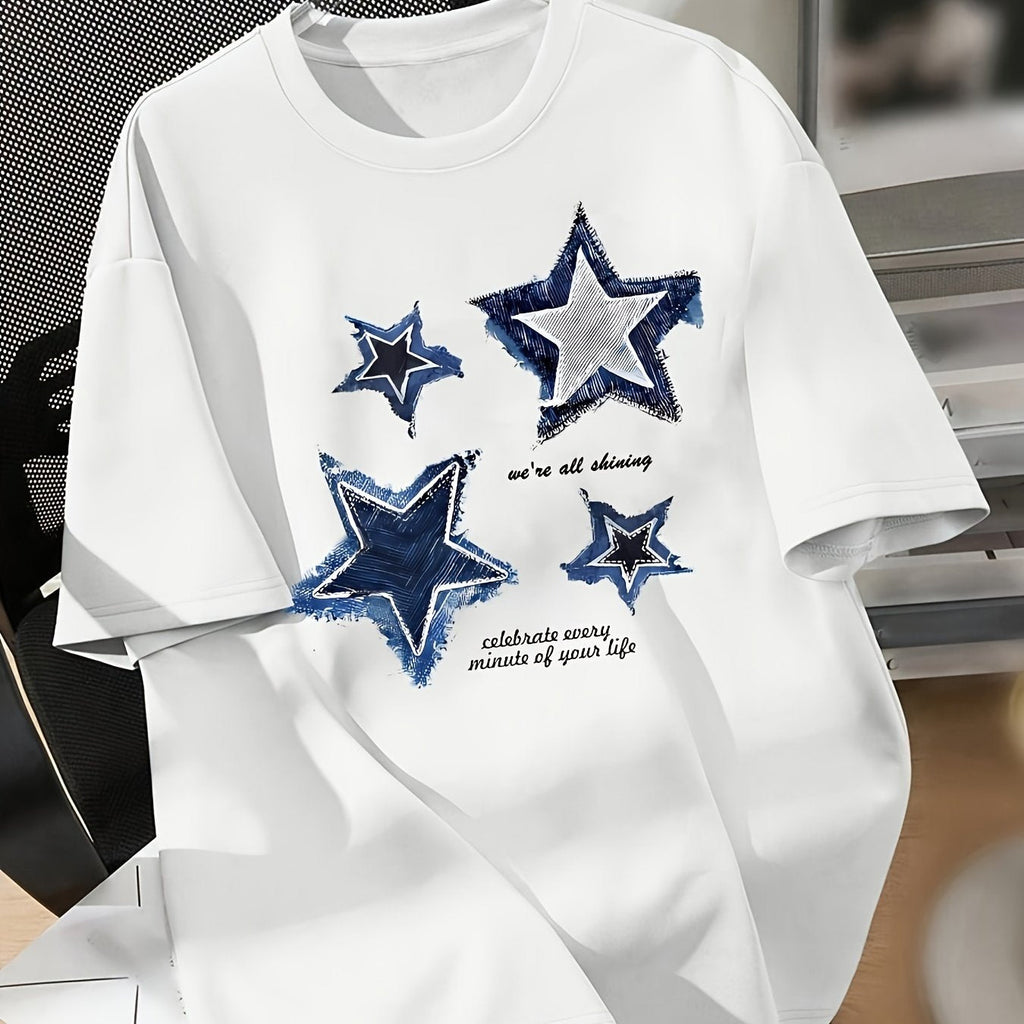 T-shirt donna Valstrend con stampa stellata, manica corta, scollo rotondo, stile casual per primavera ed estate.