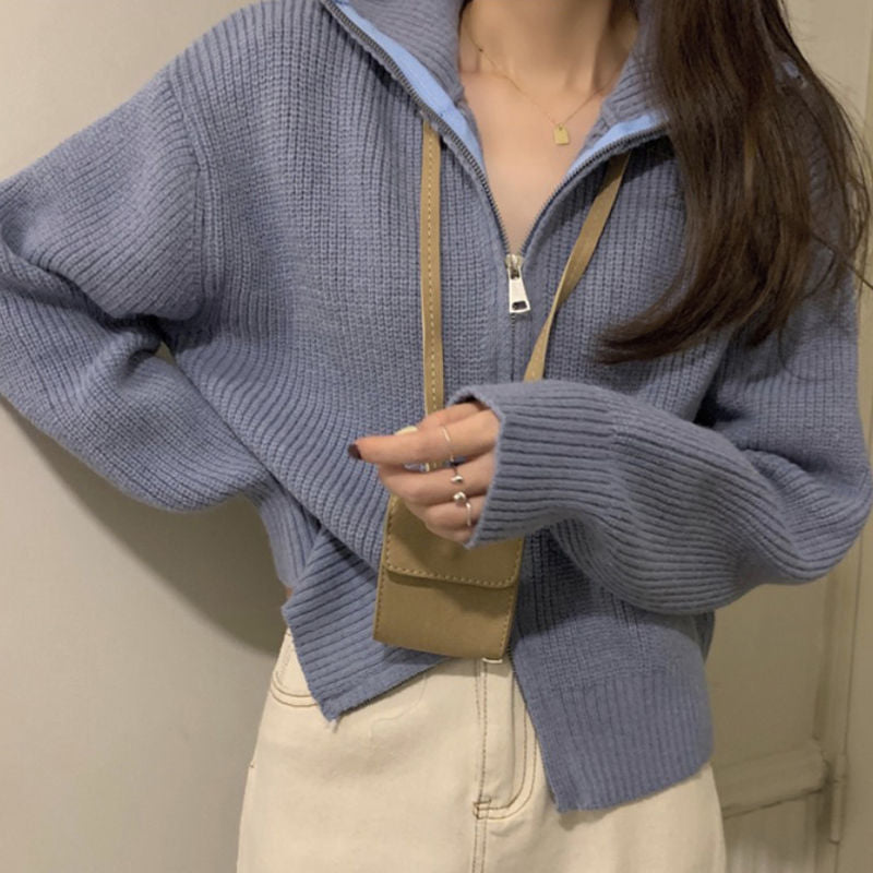 Double Zipper Loose And Lazy Style Hooded Sweater Cardigan Top