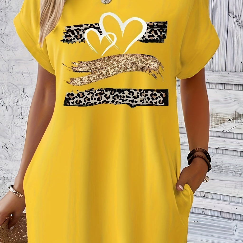 Heart & Leopard Print Dress With Pockets, Short Sleeve Crew Neck Casual Dress For Summer & Spring, Women's Clothing