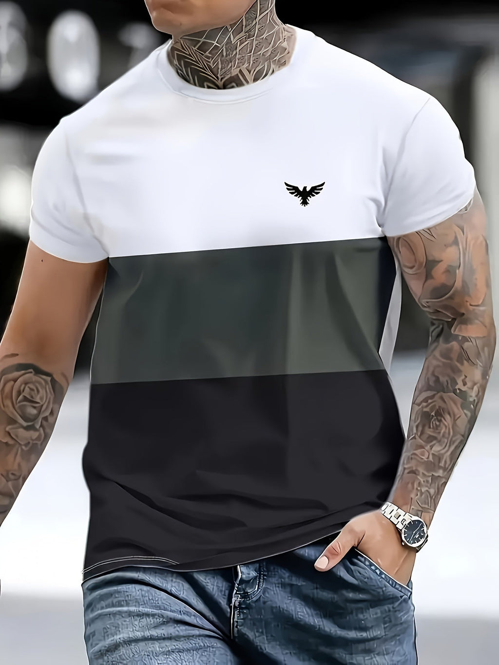 T-shirt da uomo Valstrend con stampa eagle, blocchi di colore e righe, manica corta e collo rotondo, stile casual e estivo.