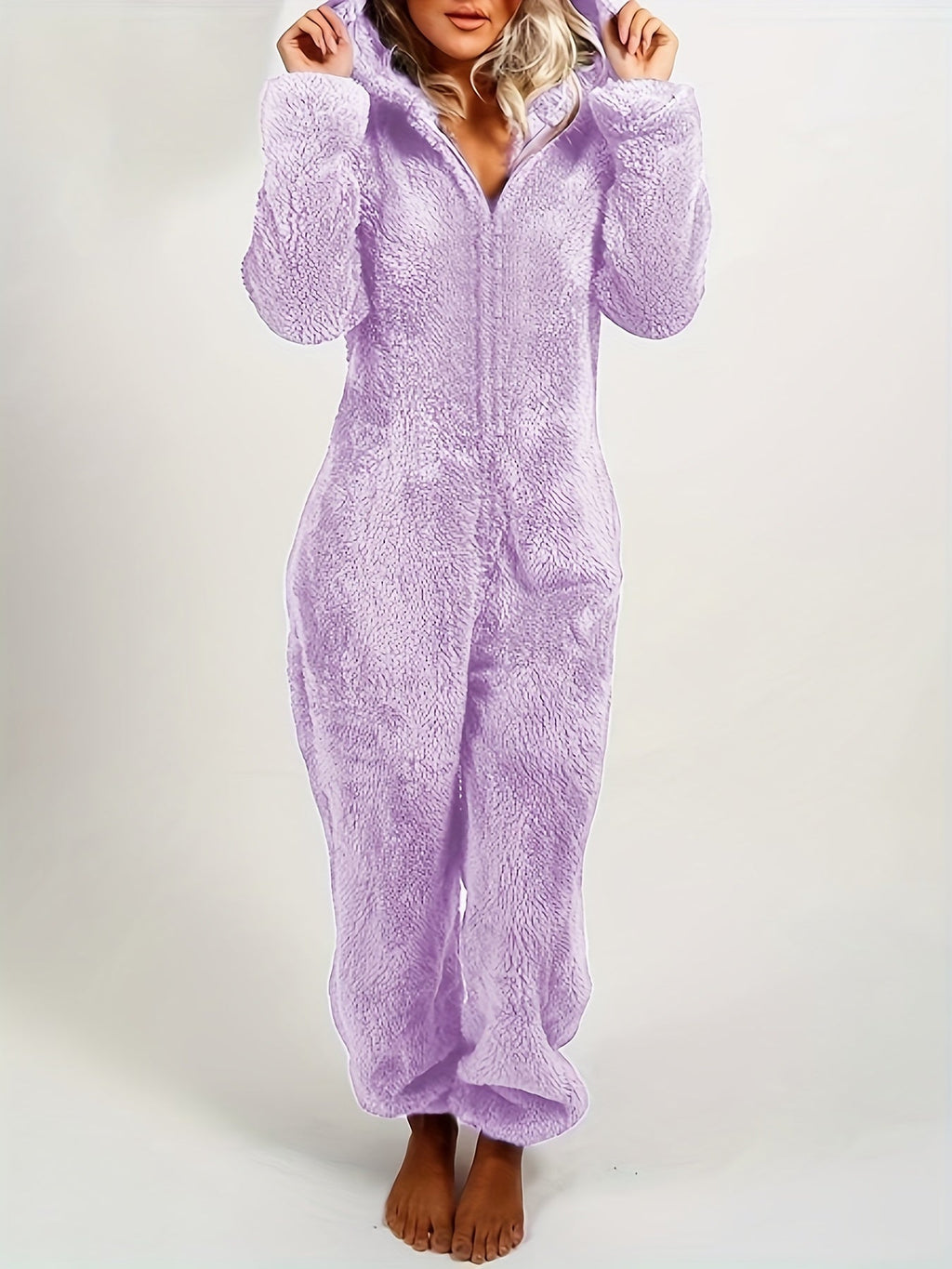 Tuta donna zip up con cappuccio in tessuto teddy caldo, maniche lunghe casual, abbigliamento femminile Valstrend.