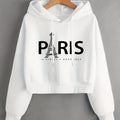 Eiffel Tower & Slogan Graphic Drop Shoulder Drawstring Thermal Lined Hoodie, Women's Long Sleeve Sports Hoodie
