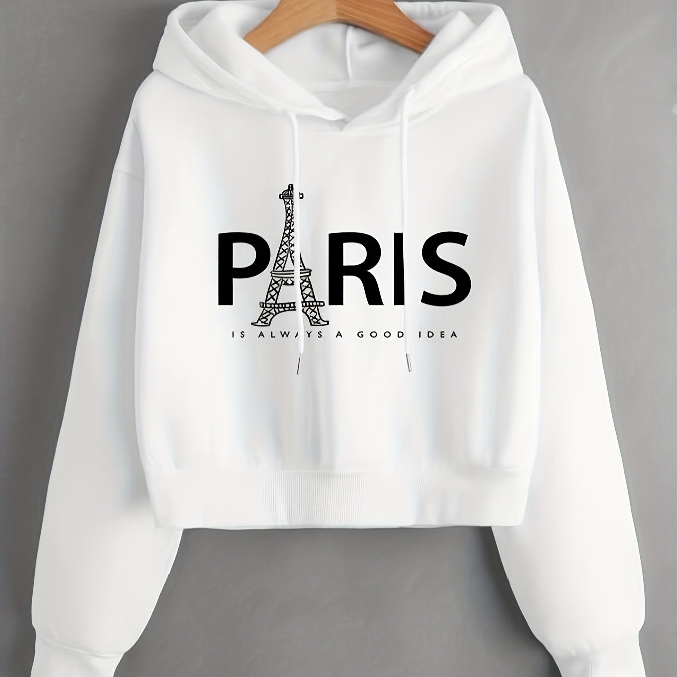 Eiffel Tower & Slogan Graphic Drop Shoulder Drawstring Thermal Lined Hoodie, Women's Long Sleeve Sports Hoodie