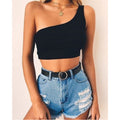Women's Fashion Solid Color Low Cut Sleeveless Midriff-baring One Shoulder Halterneck Vest
