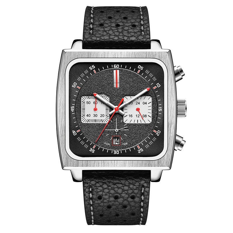 Orologio da uomo quadrato Valstrend con funzioni multiple, cinturino in pelle e quadrante digitale e analogico.