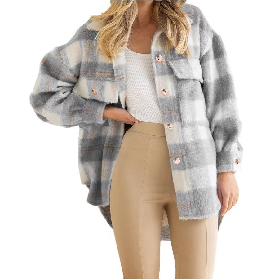 Cappotto lungo in lana e mohair a quadri autunnale e invernale, stile europeo e americano, con maniche lunghe, di Valstrend shop