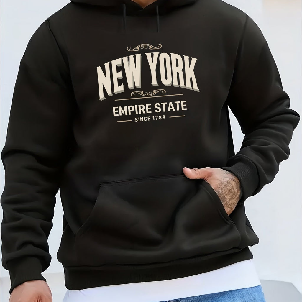 Men's New York Letter Print Plush Cozy Long Sleeve Hoodies, Warm Casual Comfy Hooded Sweatshirt For Autumn And Winter