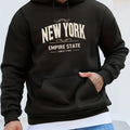 Men's New York Letter Print Plush Cozy Long Sleeve Hoodies, Warm Casual Comfy Hooded Sweatshirt For Autumn And Winter