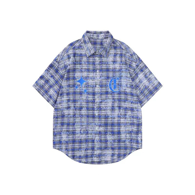 Camicia coat stile streetwear valstrend con maniche rimovibili, stampa tie-dye blu e motivo a quadri americani