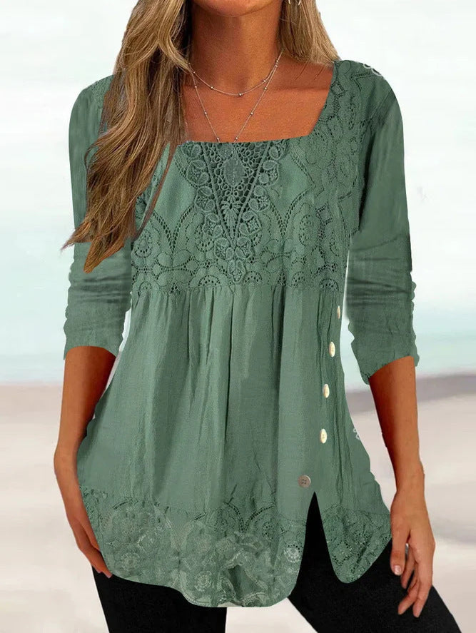 Half-sleeved And Waisted Casual Lace Stitching T-shirt Top