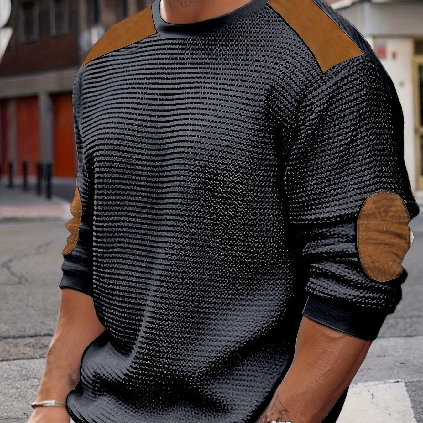 Felpa da uomo Valstrend con motivo a blocchi di colore e fantasia waffle, maniche lunghe e girocollo casual.