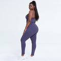 Completo di abbigliamento yoga donna, reggiseno e pantaloni a vita alta in tessuto solido, indicato per bodybuilding e fitness.