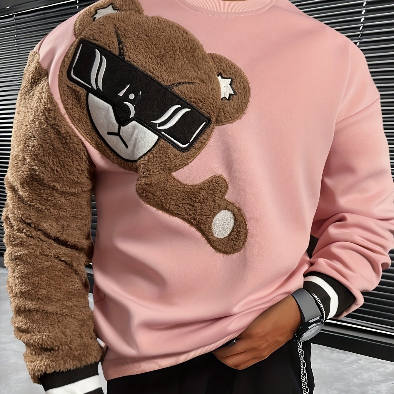 1pc Men'S Casual Cartoon Bear Embroidery Sweatshirt, Polyester Knit Pullover with Round Neck and Regular Fit