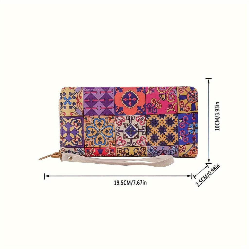 Portafoglio donna lungo Valstrend in pelle sintetica con stampa, tasche multiple, cerniera, tracolla e rivestimento in poliestere.