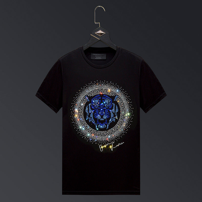 T-shirt da uomo Valstrend con stampa tigre in strass, maniche corte in cotone plus size, stile estivo e casual