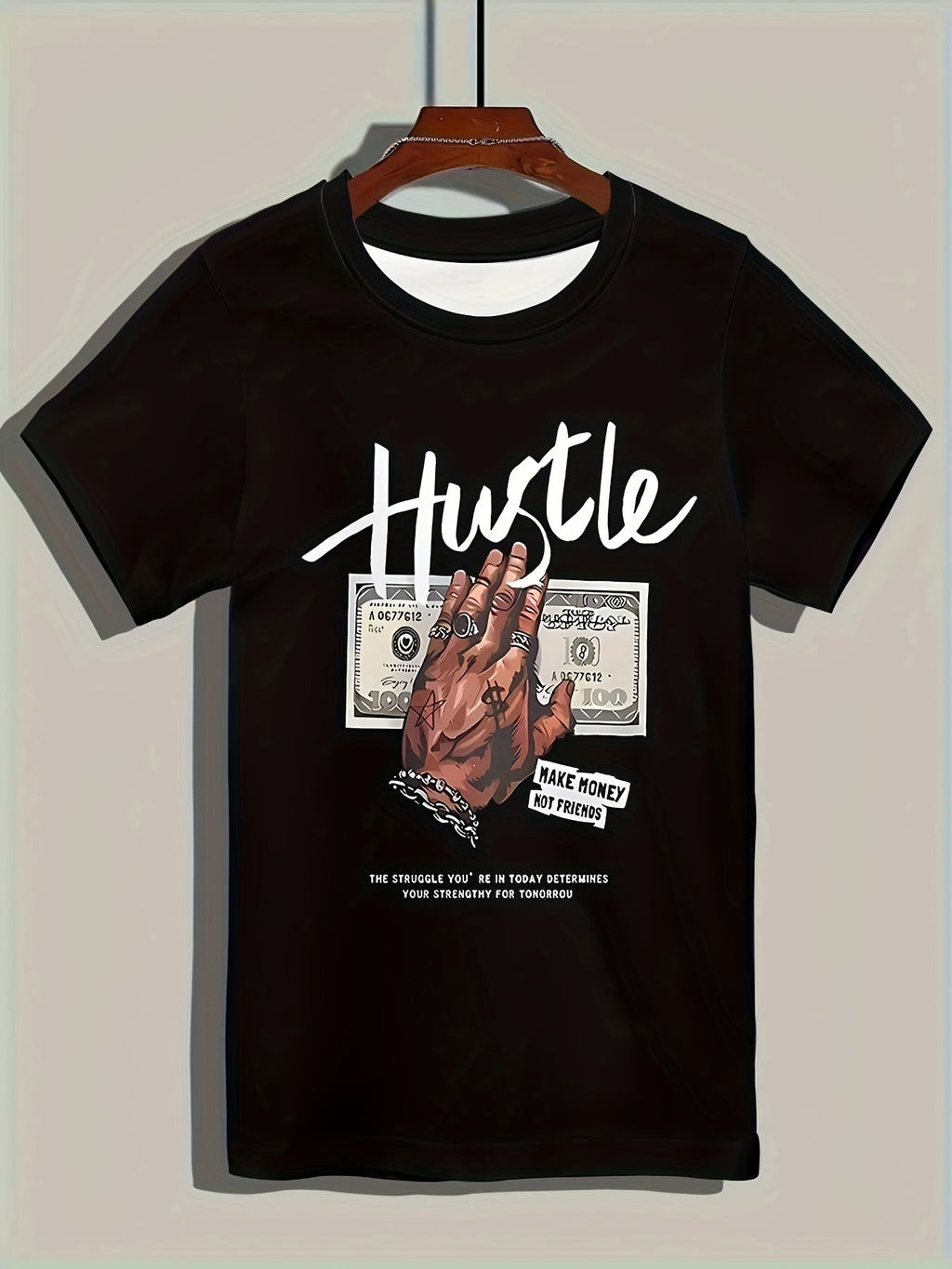 T-shirt casual da uomo Valstrend 'HUSTLE' con stampa di soldi, maniche corte e girocollo, stile trendy e versatile.