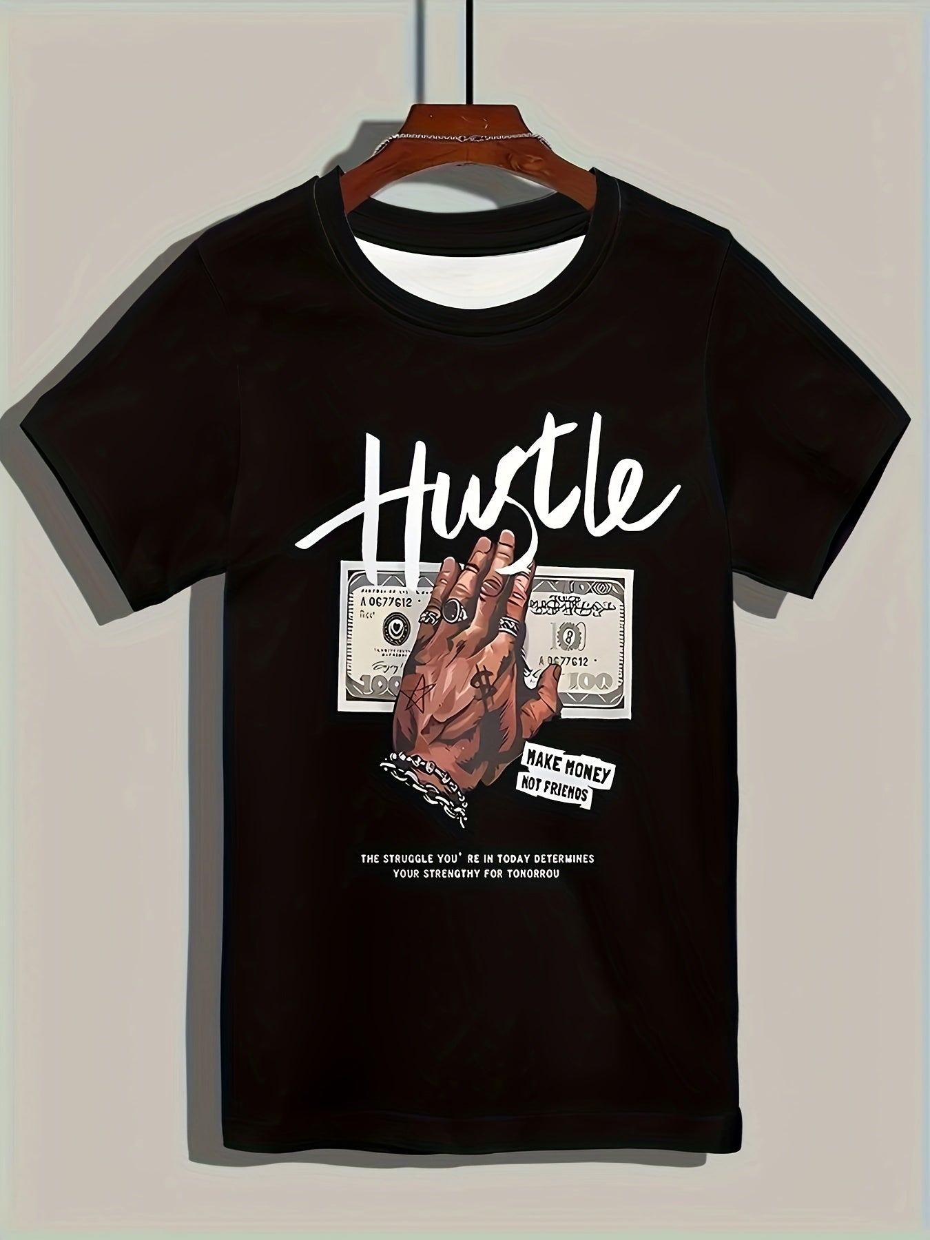 T-shirt casual da uomo Valstrend 'HUSTLE' con stampa di soldi, maniche corte e girocollo, stile trendy e versatile.