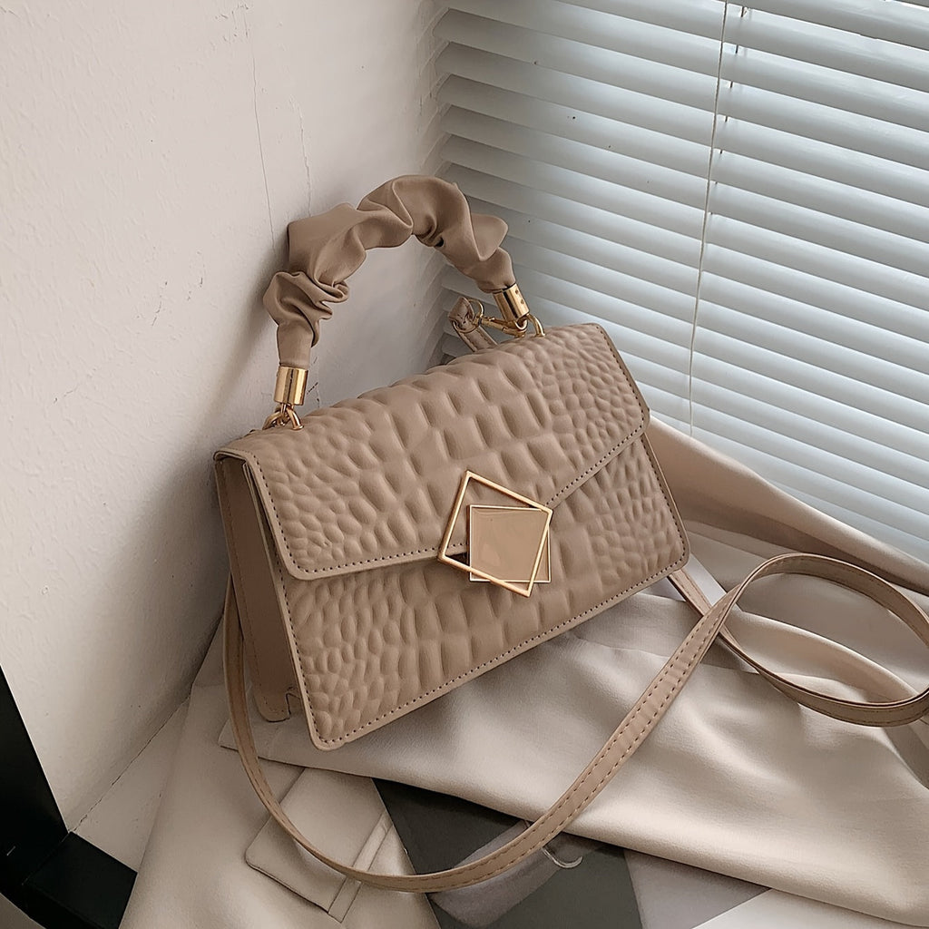 Chic Crocodile-Embossed Crossbody Bag with Ruched Handle - Women's Fashion Shoulder Purse, Solid Color Faux Leather, for Autumn, Spring
