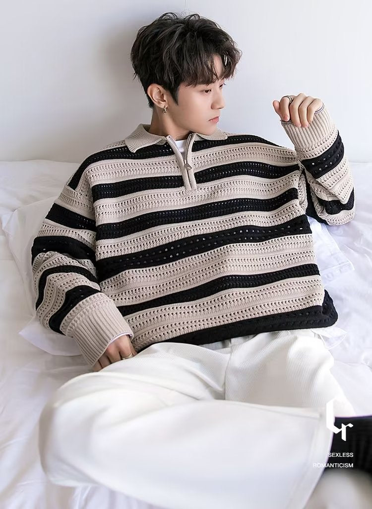 Maglione vintage da uomo Valstrend, stile americano con righe lazy, vestibilità ampia, tessuto morbido, ideale per look casual e versatile.