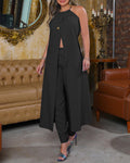 Completo donna Valstrend: top senza maniche con scollo all'americana e pantaloni a vita alta, stile casual e rilassato.
