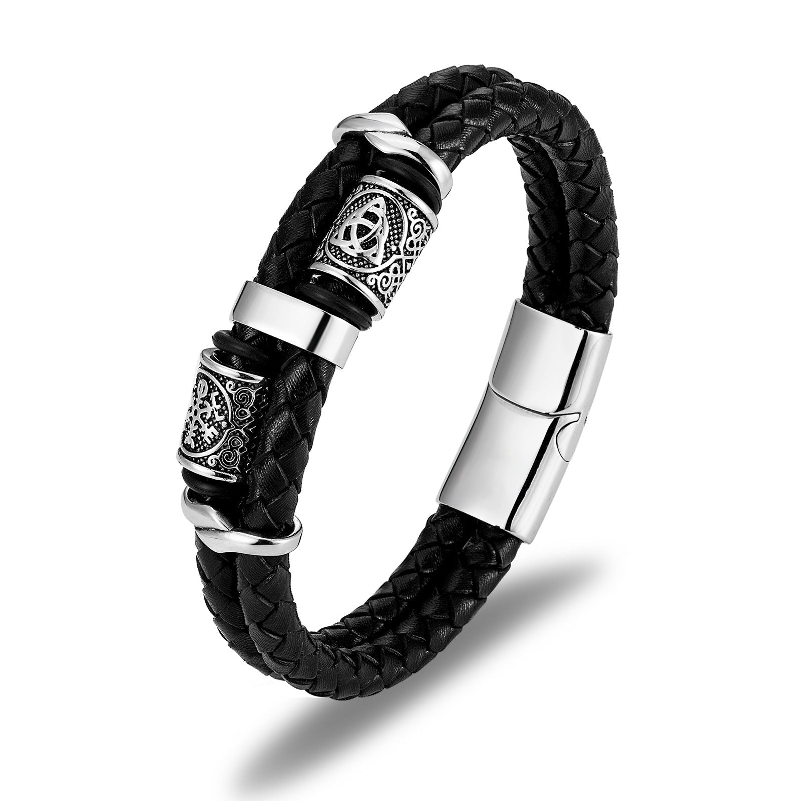 Bracciale in pelle a più strati intrecciata per uomo, stile casual e elegante, con dettagli in pelle e metallo.