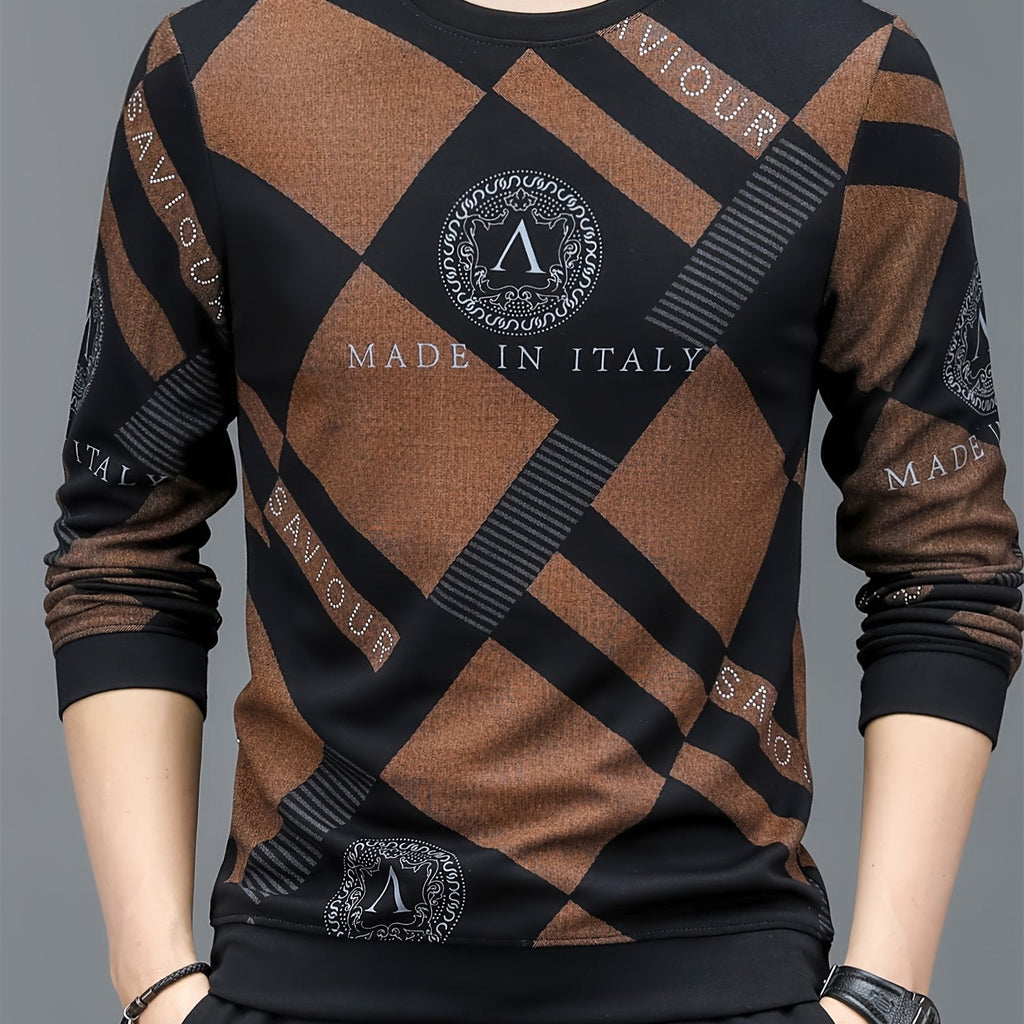 Felpa da uomo Valstrend con stampa di lettere e blocchi, maniche lunghe casual e moderna, ideale come regalo.