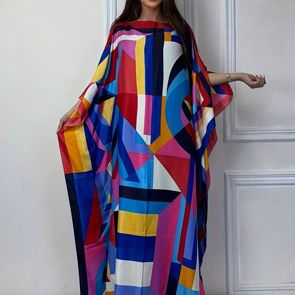 Vestito kaftan etnico con stampa geometrica, maniche a pipistrello e vestibilità ampia, abbigliamento femminile Valstrend.