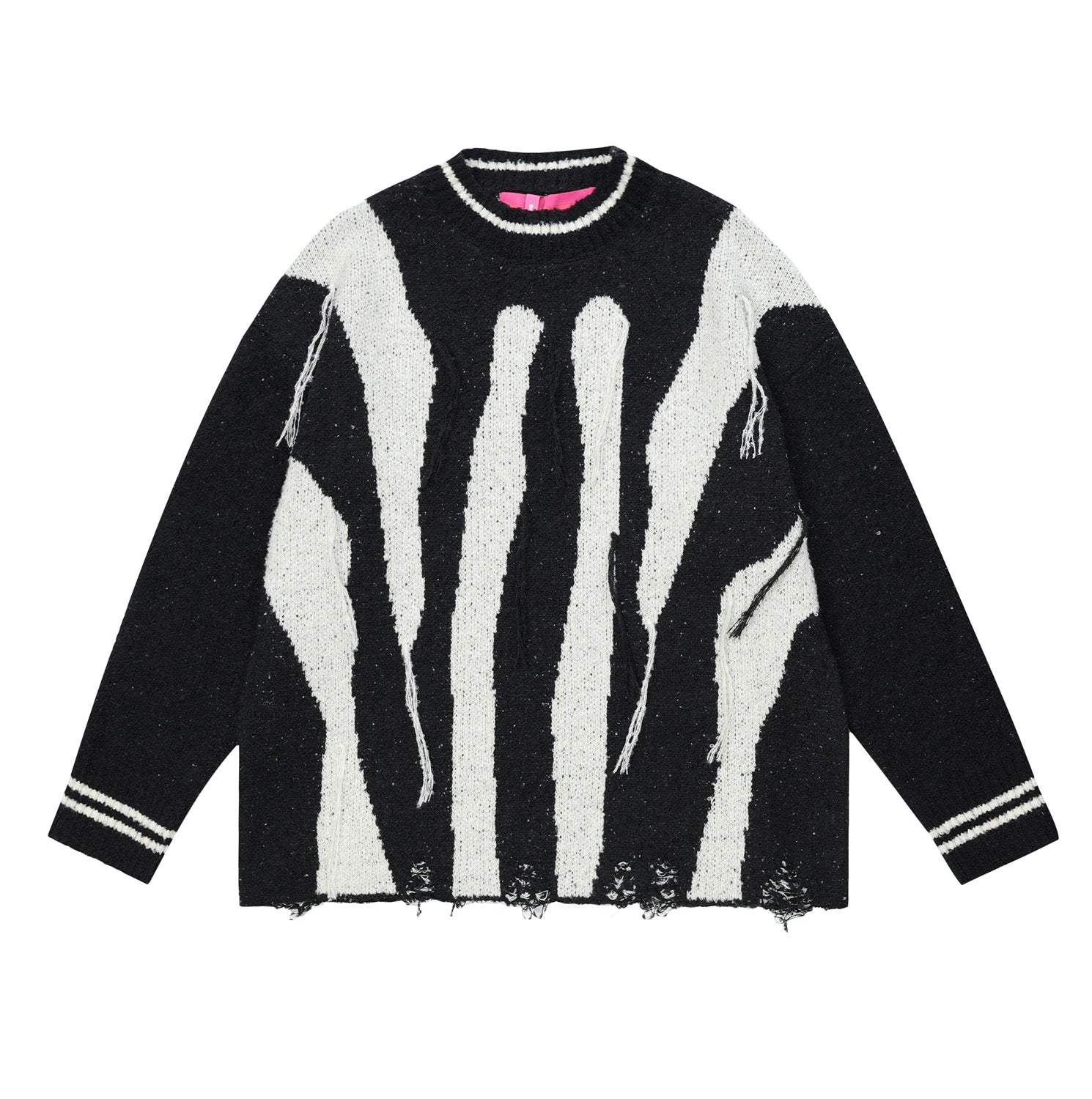 Maglione oversize Valstrend con motivo astratto a righe irregolari, frange e stile casual, ideale per un look moderno e comodo.